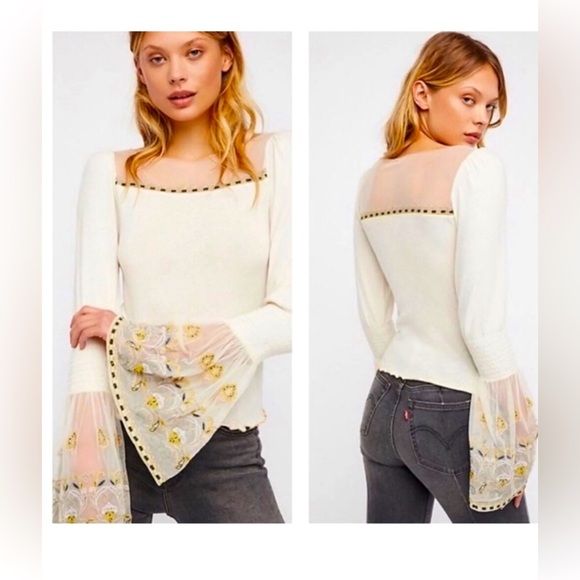 Free People Tops - Free people Bell Sleeve Embroidered high tides sweater top size M